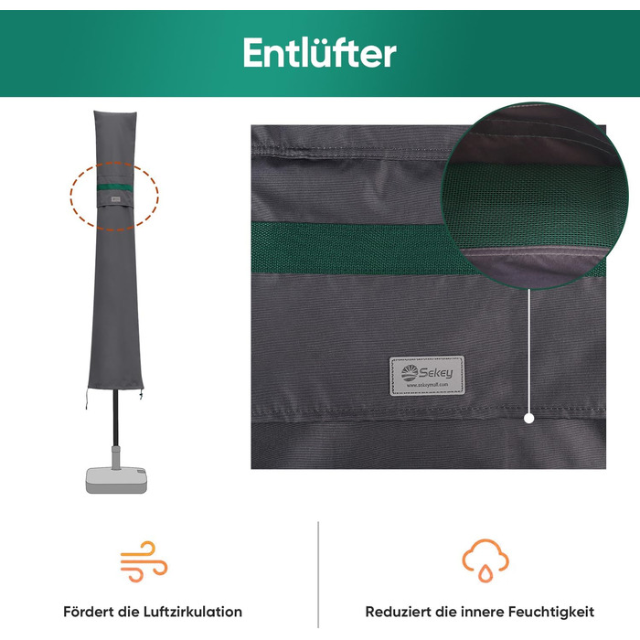 Чохол для садового парасоля Sekey: захисна накидка з отворами для вентиляції, 100% поліестер, водонепроникний, 190 x 30/50 см, темно-сірий