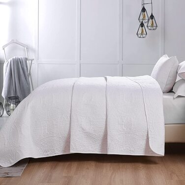 Покривало Вонга, покривало 240x260 см, покривало для ліжка, біле ковдру для вітальні, стьобана ковдра з мікрофібри, для двоспального ліжка, стьобана ковдра в якості ковдри для спальні, стьобана ковдра з наволочкою 2 * 50x70 см, для ліжка, 240x260 см, біле
