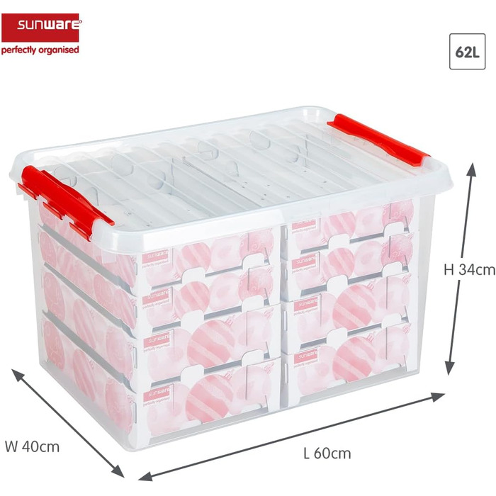 Ящик Sunware Q-Reihe для прикрас на Новий Рік з відділеннями для 116 кульок, прозорий/червоний, універсальний розмір