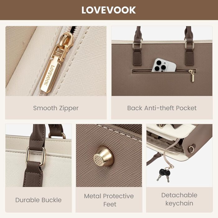 Сумка LOVEVOOK для жінок, 15.6 дюймів, лаптоп-сумка, робоча сумка, елегантна, універсальна, шкіряна, для школи, офісу, ділових поїздок (15.6 дюймів, хакі-беж)