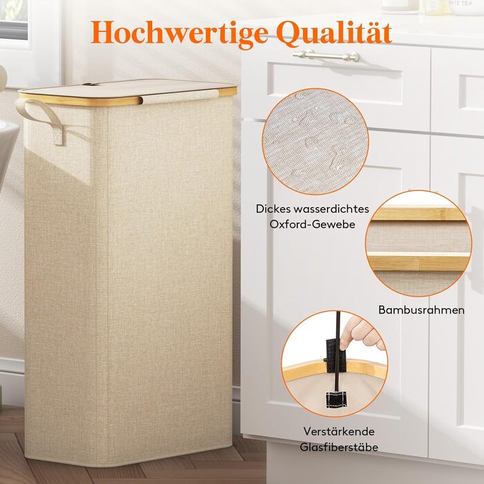 Кошик для білизни Lifewit з кришкою, вузький, складний, 75L, бамбук, з ручкою, для квартири, гуртожитку, кемпінгу (Бежевий)