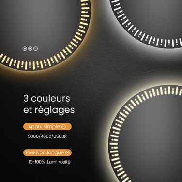 Круглий дзеркало для ванної кімнати EMKE з LED-підсвічуванням, діаметр 60 см, з антизапарюванням + сенсорний вимикач + 3 кольори світла, сучасний дизайн