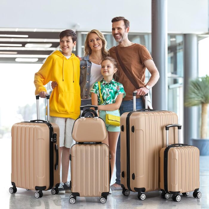 Набір валіз LALAHO 3/4/5 шт. з косметичними сумками, жорсткі валізи з ABS, набір багажу з валізою для макіяжу та ручною покладею, колір шампань