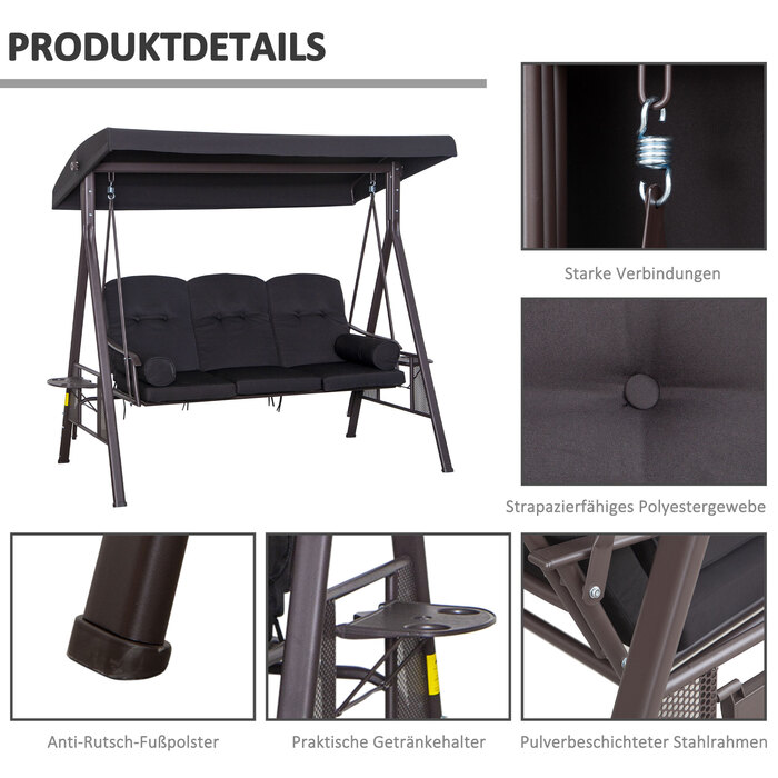 Гойдалка для трьох осіб у стилі Голлівуд, з регульованим дахом, металевий каркас, коричнево-чорна, 116 x 206 x 183 см