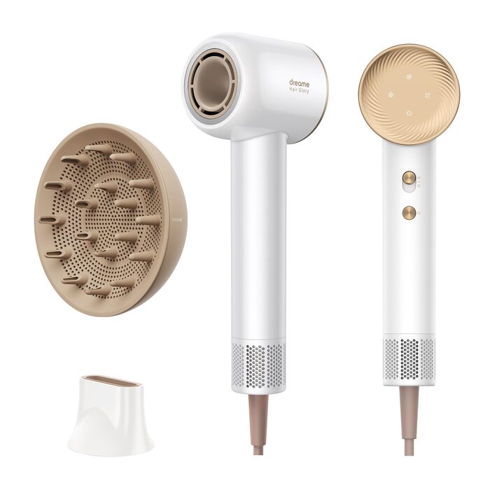 Фен для волосся Dreame Hair Glory Combo, швидка сушка, 110 000 об/хв, потік повітря 70 м/с, іонізація, регулювання температури та швидкості, з дифузором, білий