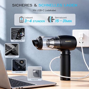 Акумуляторний ручний пилосос SoarFly 4 в 1, 25000Па, бездротовий міні-пилосос для авто, дому та ПК з безщітковим двигуном, LED-підсвіткою та набором щіток, чорний