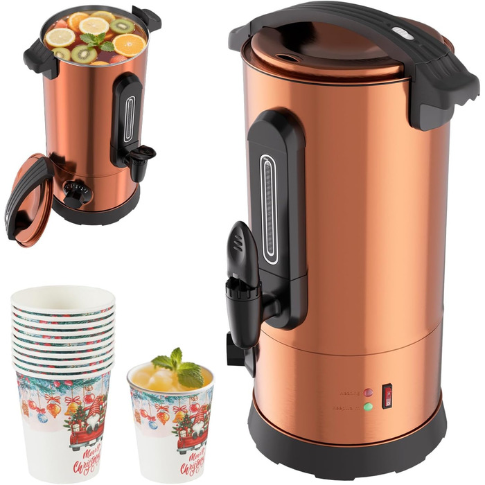 Глювайновий нагрівач 8л з 10 чашками | 1500W диспенсер гарячих напоїв з нержавіючої сталі з термостатом 30–110°C, функція підігріву та виливний кран | Глювайновий автомат для вечірок, мідно-кольоровий 8л