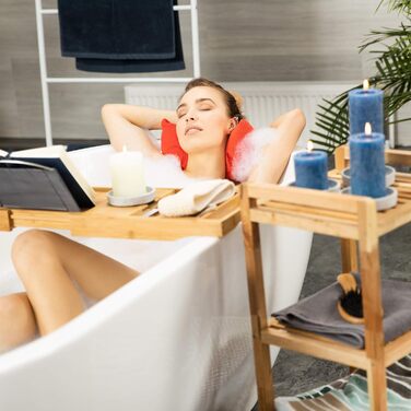 Підставка для ванни Relaxdays 2-в-1 з підсвічуванням, бамбук, регульована, 74,5-114 см, 18x114x25 см