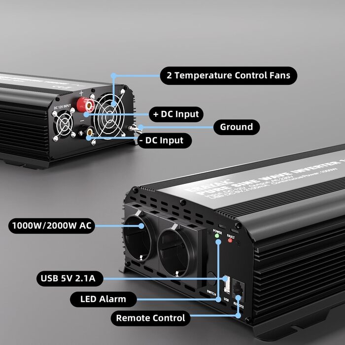 Інвертор Erayak 12 В до 230 В Pure Sine 1000 Вт/2000 Вт перетворювач напруги з пультом дистанційного керування 6 м і світлодіодним дисплеєм для транспортних засобів Автомобіль Сонячна батарея Автофургон Побутова техніка DSU1000