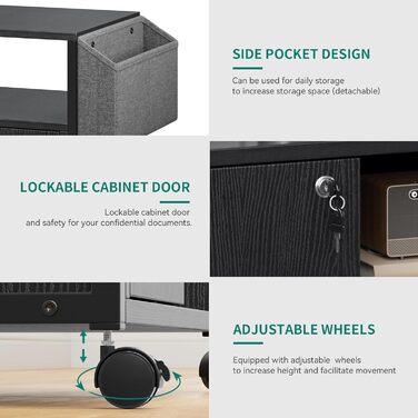 Підставка для принтера YITAHOME з розетками, роликова, з полицею та кишенями, з замком, для дому/офісу, чорна