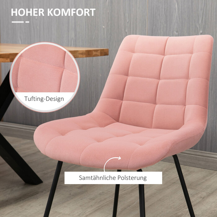 HOMCOM Комплект з двох обідніх стільців, кухонний стілець зі спинкою, оксамитова оббивка рожевого кольору, дизайн у стилі ретро, сталеві ніжки, для вітальні | Aosom