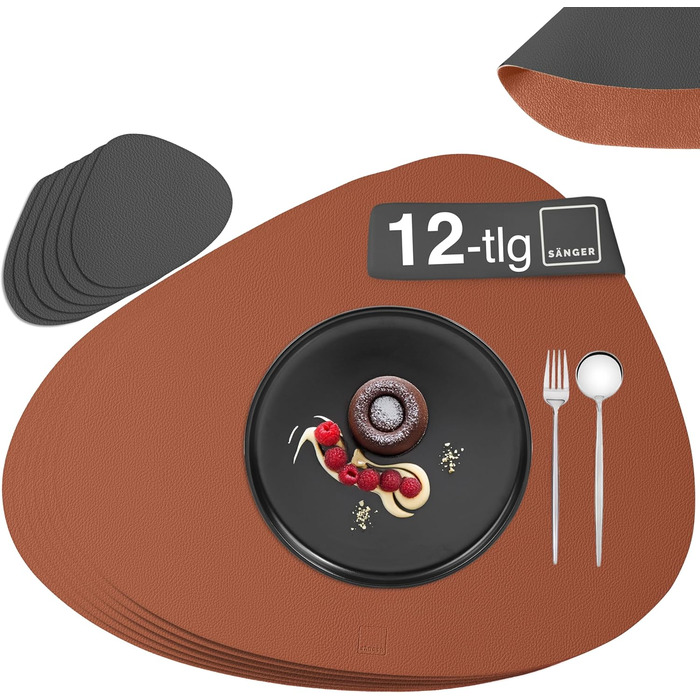 Набір підставок та серветок SÄNGER з екошкіри (12 шт) - водонепроникні, антиковзаючі, для 6 осіб, 44,5*30 см (антрацит/коричневий)