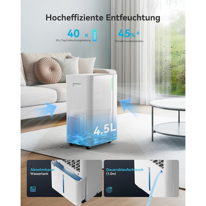 EUHOMY Електричний осушувач повітря 20л/день, для підвалу з відведенням води, тихий, з таймером та авторозморожуванням, для квартири 50м² та 150м³