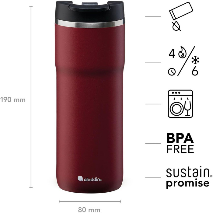 Термокружка Aladdin Barista Java з нержавіючої сталі 0.47L - Leak-Lock, для кави To Go, зберігає тепло 4 години, без BPA, придатна для миття в посудомийній машині (473 мл, Бордовий)