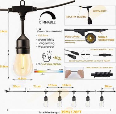 LED гірлянда для дому та саду, 39м, E27, IP65, 2700K, тепле світло