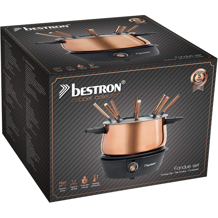 Електричний Фондю набір Bestron для 8 осіб з 8 виделок, термостат, сплітцшзахист, колір: мідний