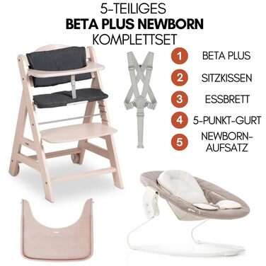 Високий стільчик для годування Hauck Beta+ Newborn Set - комплект для новонароджених, від народження з 2-в-1 функцією гойдалки, подушкою для сидіння та підносом для їжі (Whitewashed)