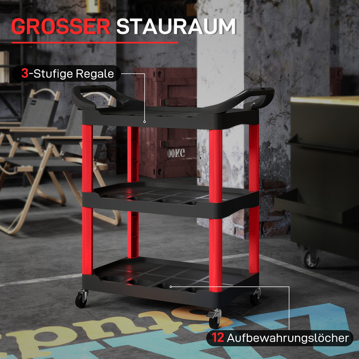 Ящик для інструментів з 3 рівнями, бічні ручки, колеса, пластик, червоний