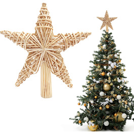 Верхівка для різдвяної ялинки BELLE VOUS (27 x 25 см) з натуральної соломи ручної роботи, Зірочка, мереживо для ялинки - 3D дизайн, Зірка, Різдвяна прикраса