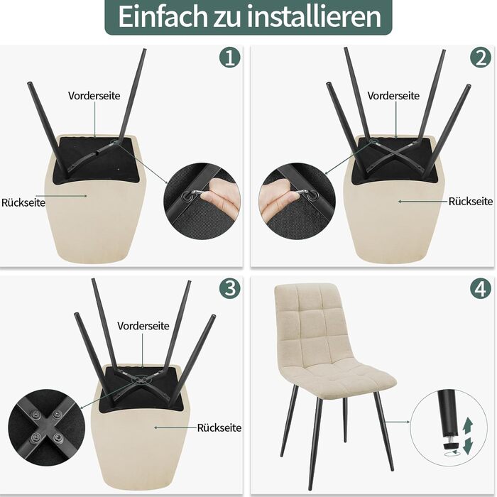 Набір з 4-х оббитих стільців для їдальні з металевими ніжками, льонова тканина, шаховий візерунок, для вітальні, спальні, кухні, лоджії, рецепції, бежевий колір