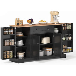 Багатофункціональний буфет для кухні – комод 138 см з ящиком, полицями з дверцятами та регульованими полицями – з кріпленням від перекидання, для кухні, вітальні та спальні, чорний