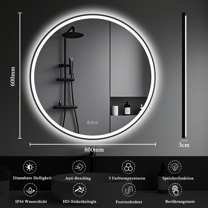 Дзеркало для ванної кімнати з підсвічуванням LED, кругле, 50 см, сенсорне керування, регулювання яскравості, функція пам'яті, захисне скло HD, захист від вибуху, Bluetooth, антизапар, металевий каркас, 60x60 см