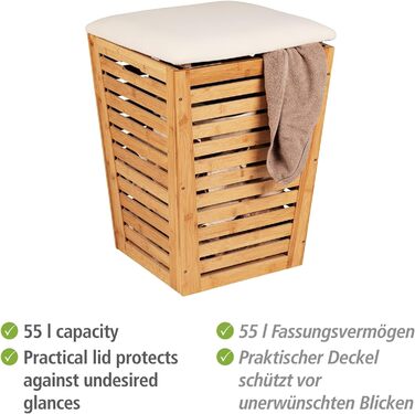 Комод для білизни WENKO Bambusa з подушкою сидіння, конічний бамбуковий кошик для білизни об'ємом 55 л і сидінням з кремовим завантаженням до 120 кг, табурет з місцем для зберігання білизни, 40 x 56 x 40 см