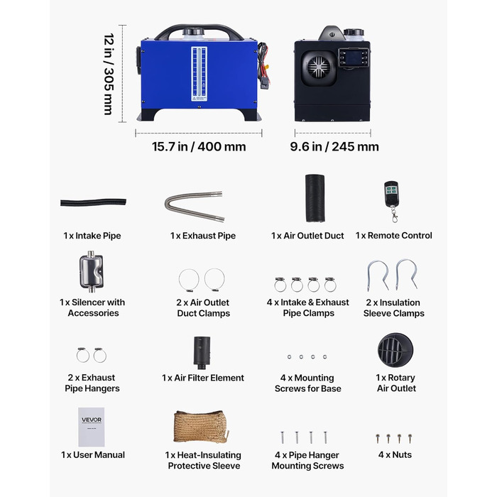 Дизельний обігрівач VEVOR 8 кВт, 12/24 В, портативний, з пультом ДУ та LCD, низький шум, бак 4,5 л для автодому/Вантажівки