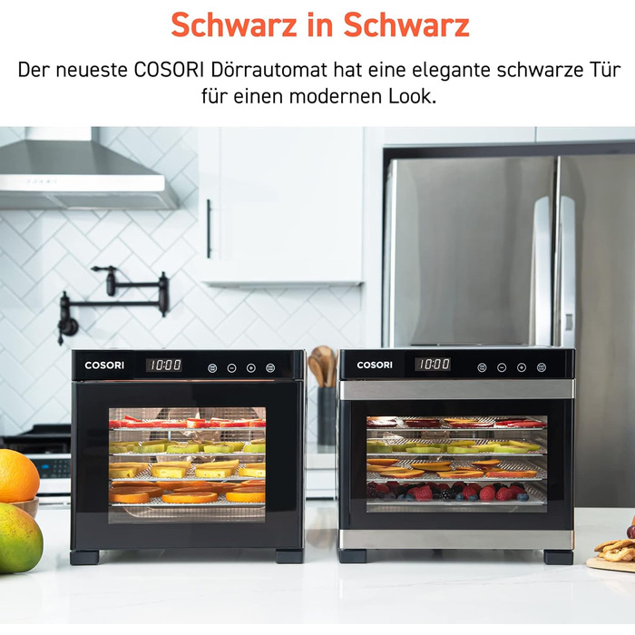 COSORI Дегідратор продуктів з 50 рецептами, 6 піддонів, 3 сітки, 3 килимки, площа 0,6 м², таймер 48 год, LED-дисплей (35°-75°C), 650W, сірий