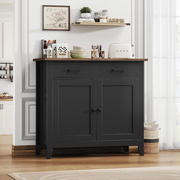 Кухонна шафа HOCSOK з робочою поверхнею, буфет з 2 шухлядами та 2 дверцятами, для кухні, вітальні, їдальні, передпокою, дерево, стиль кантрі, білий (чорний)