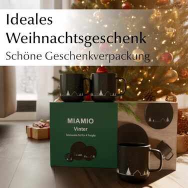 Набір чашок Miamio на Новий рік, 4 шт, 500 мл (чорні) / Кавові чашки на Різдво, мінімалістичний зимовий мотив, подарунок на Новий рік, безпечні для миття в посудомийній машині та використання в мікрохвильовій печі – Зимова колекція (12 шт)