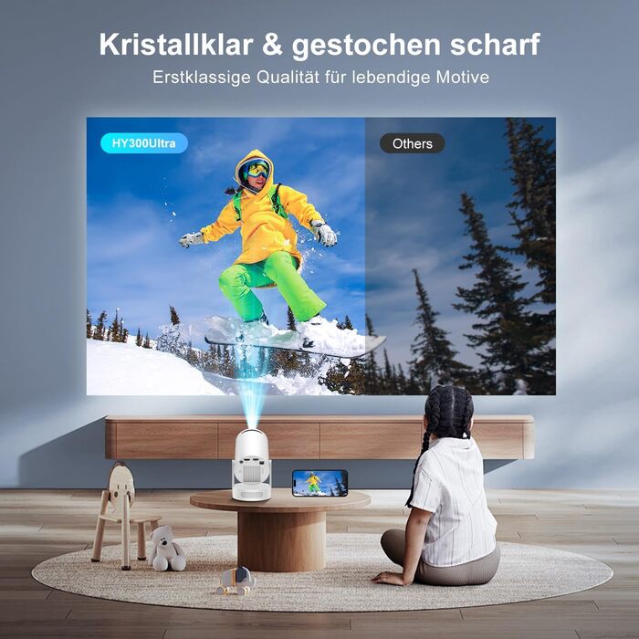 Міні проєктор Salange 4K з Wi-Fi 6, Bluetooth 5.2 та Android OS 11.0. Підтримка 180° повороту, для телефону/Xbox/ноутбука/TV Stick/USB. Білий (HY300ula + 5W динамік)