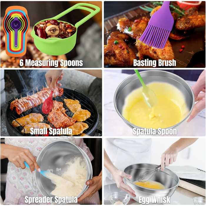 Набір мисок для змішування зі нержавіючої сталі (7 шт.) з кришками та 3 тертки - об'єм 4.5, 4, 3.5, 2.1, 1.5, 1.1, 0.7 QT. Набір кухонних помічників для приготування, випікання та подачі їжі. (Багатобарвний)