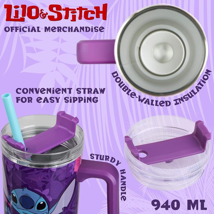 Термокружка Disney Stitch об'ємом 940 мл з ручкою, кришкою та трубочкою, двостінна ізольована, підтримує 17 годин холодну температуру, 8 годин теплу та 45 годин замороженість