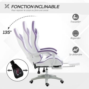 Крісло ігрове Vinsetto Ergonomic з регульованою підніжкою, спинкою 135°, підголівником та поперековою підтримкою, офісне, 360° обертання, PU, біле