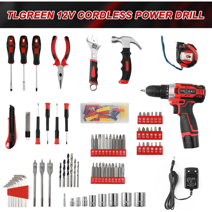 Набір інструментів TLGREEN акумуляторний (138 предметів) з дрилем-шуруповертом 12V, червоний – для ремонту та побутового використання