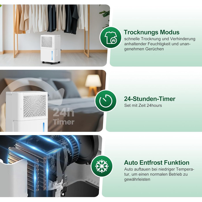 Електричний осушувач повітря PHILODECO 10л/день з режимом сушіння, 2л бак, таймер 24г, автовимкнення, ролики та ручка для підвалу, ванної, спальні