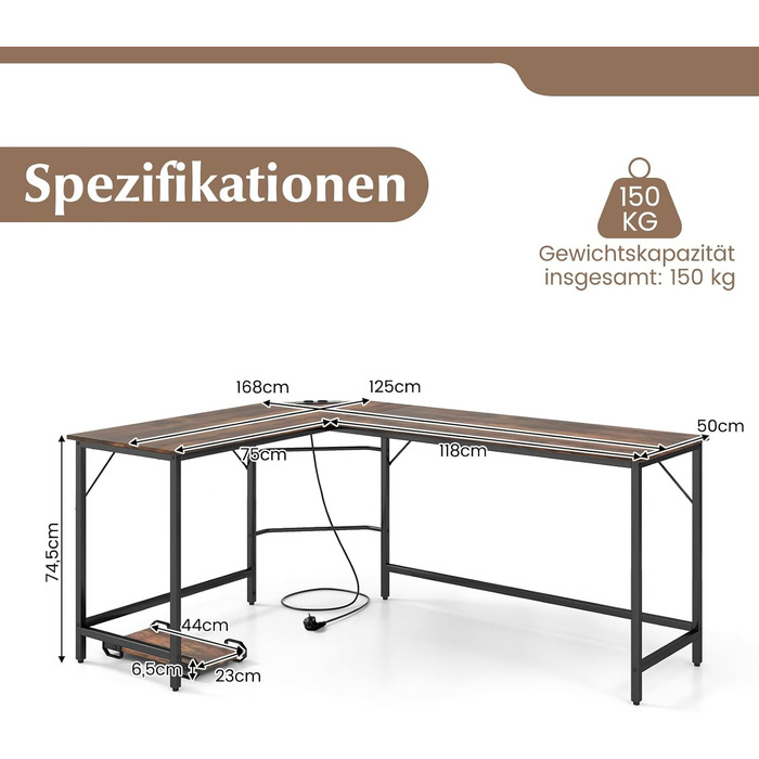 Письмовий стіл COSTWAY L-подібний з розетками та підставкою для процесора, 168x125x74.5 см, сільський коричневий