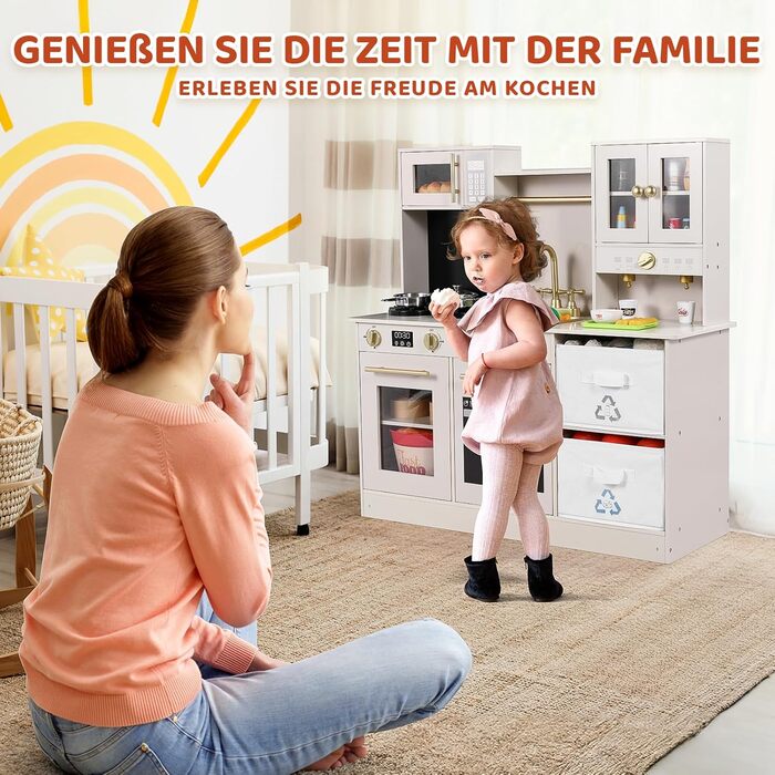 Дерев'яна дитяча кухня MAMIZO з підсвіткою та звуком, 90x30x90 см. Комплект з аксесуарами та 2 ящиками для зберігання. Іграшка для дітей від 3 років, бежевого кольору