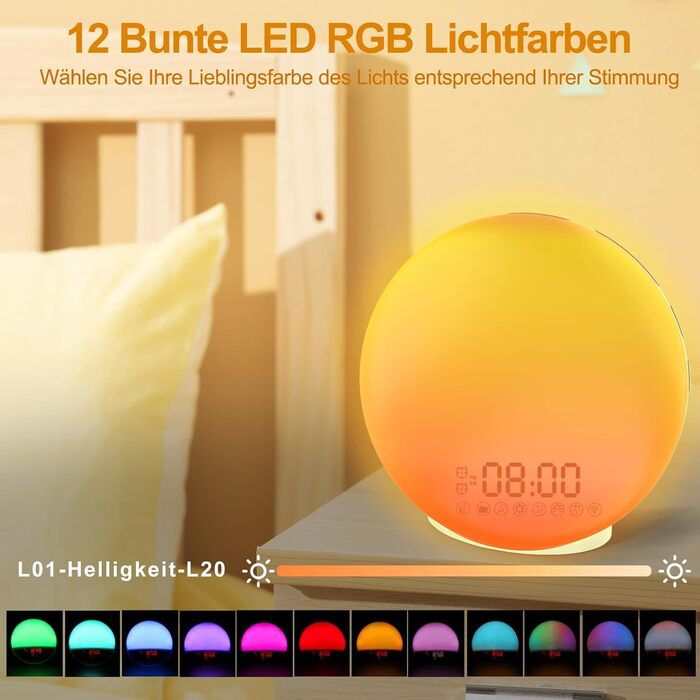 Будильник Cadrim з імітацією сходу сонця та заходу сонця, радіо, 7 природних звуків, FM-радіо, функція повтору, для дорослих та дітей, жовтий