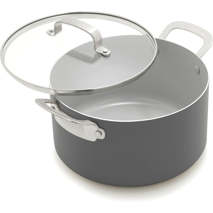 Каструля GreenPan x Bobby Flay 6QT з кришкою з термостійкого скла, антипригарне покриття Diamond Ceramic, індукційне дно, 5.7 л, сірий (Graphite/Nature's Delight)