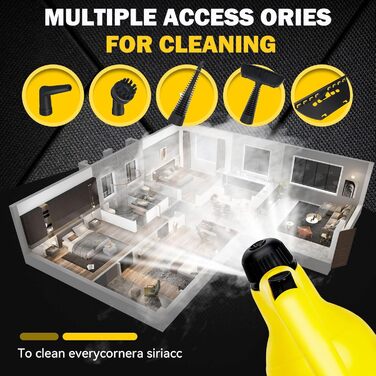 Пароочисник Guttaye 3-ступінчатий регульований руків'я, нагрів за 10 секунд, бак 2L, 18 насадок, для кухні, ванної, підлоги, авто, вікон (Жовтий)