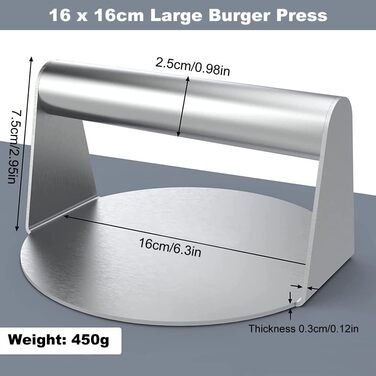 Прес для гамбургерів LCOUACEO, з нержавіючої сталі з антипригарним покриттям, 16 см, смачні гамбургери, барбекю, легко миється, віджимання жиру