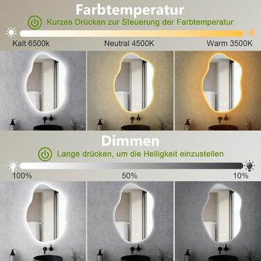 LED дзеркало для ванної кімнати з підсвічуванням 70x50 см, холодне світло 6000K, енергозберігаюче, диммер, антизапітніння