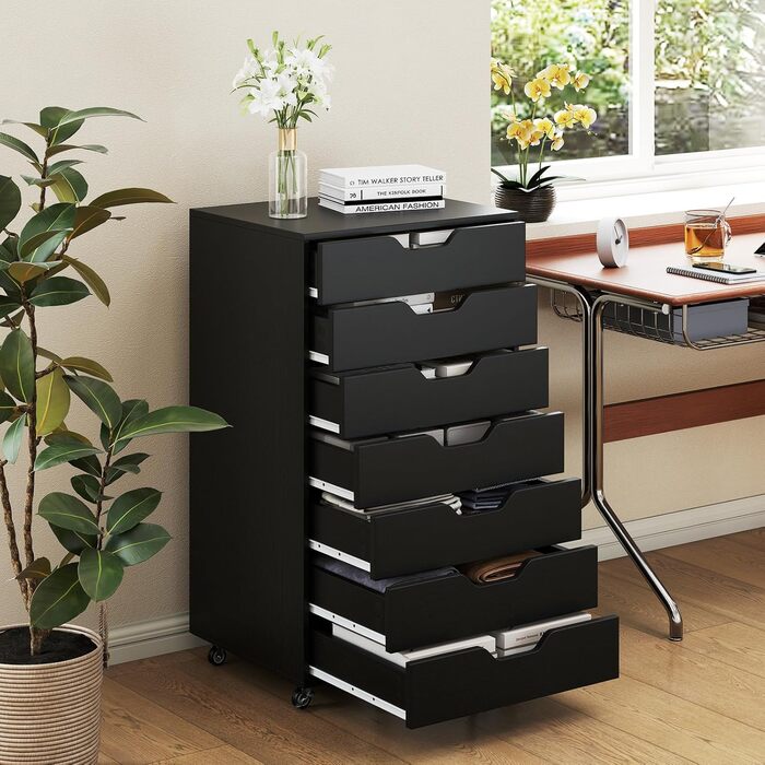 Роликовий контейнер GIANTEX з 5 висувними ящиками, офісний шафка для документів на колесах, тумба під стіл з дерева, стіл-принтер для дому та офісу (Білий, Чорний), 49 x 40 x 87 см