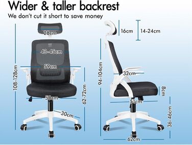 Ергономічне офісне крісло ALFORDSON, сітчасте крісло з поперековою підтримкою, підголівник, відкидний підлокітник, білий