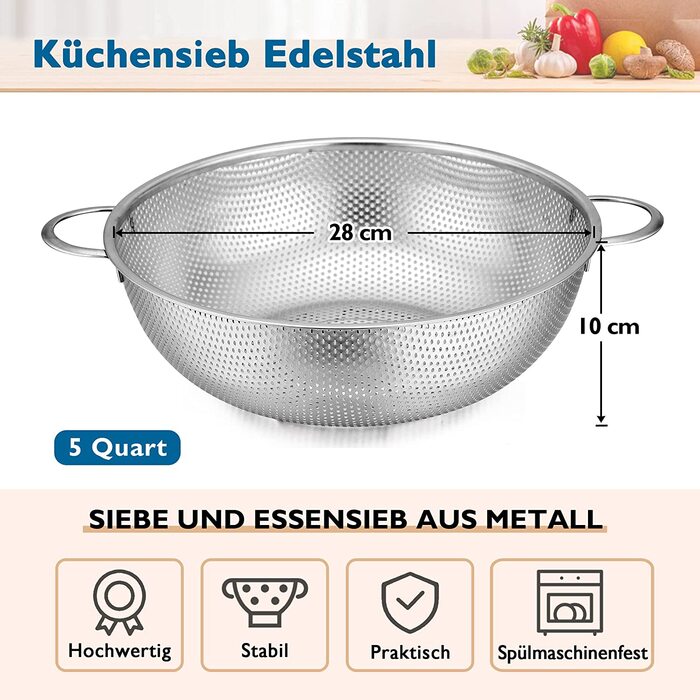 Кухонне ситечко з нержавіючої сталі Herogo 28 см, мікроперфороване ситечко для макаронів з ручкою, для овочів/фруктів/макаронів/рису, можна мити в посудомийній машині