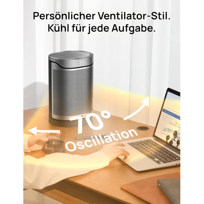 Електричний обігрівач DREO Keramikheizung 318,1500W з термостатом, захистом від перегріву та нахилу, таймером, дитячим замком, економією енергії 40%, тихий, срібний, для спальні, класичний дизайн
