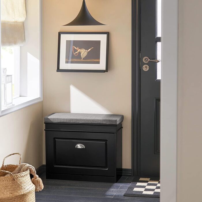 Полка для взуття SoBuy з подушкою для сидіння та місцем для зберігання, вузька, чорна, 60x51x24 см, до 150 кг