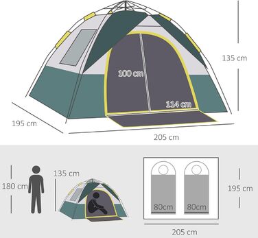 Намет Outsunny на 3 особи, кемпінговий намет з кілочками, купольний намет, поліестер, зелений, 205 x 195 x 135 см